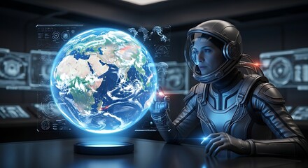 Astronaut in advanced suit interacts with holographic earth, analyzing global data in a futuristic control room, symbolizing science, technology, and planetary monitoring.