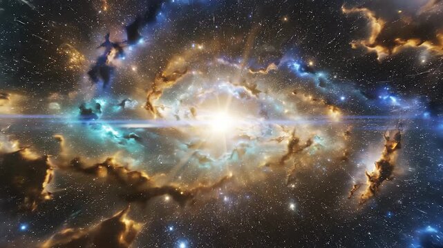 A spectacular cosmic scene unfolds with bright stars and swirling galaxies illuminating the vast expanse of space. This celestial phenomenon of stars and galaxies captivates the im