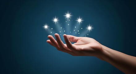 Conceptual image presenting a hand holding digital stars for aspirations and wishes