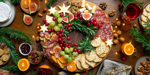 Holiday-themed charcuterie board arranged as a Christmas wreath with grapes, rosemary, crackers, cheese, cured meats, cookies, and fruits