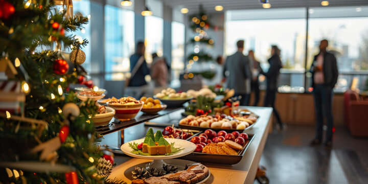 Corporate Christmas celebration in a modern office with a beautifully decorated dessert table. Assorted festive sweets and holiday pastries with blurred employees socializing near a Christmas tree - Powered by Adobe