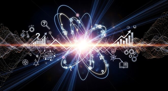 Abstract digital data science and tech innovation concept. glowing atom core, financial charts, and diverse icons represent business, research, global digital networks, modern solution.
