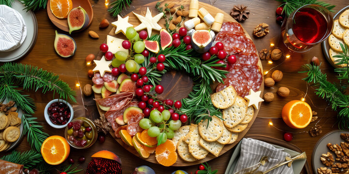 Holiday-themed charcuterie board arranged as a Christmas wreath with grapes, rosemary, crackers, cheese, cured meats, cookies, and fruits