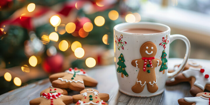 estive ceramic mug with Christmas tree and snowflake design, placed on a wooden table with decorated gingerbread cookies, candy canes, and blurred holiday lights in the background. - Powered by Adobe