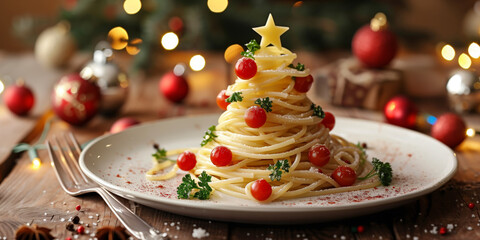 Festive pasta dish styled as a Christmas tree, made of spaghetti with cherry tomatoes, parsley, grated cheese, and a star-shaped cheese topper