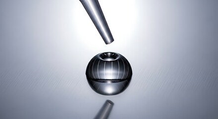 Metallic sphere with an opening and vertical lines, approached by a sleek tube, reflecting precision engineering, advanced technology, and futuristic scientific concepts