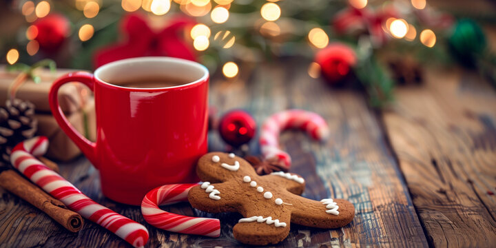 Festive holiday scene with a red mug of hot chocolate decorated with snowflakes, a candy cane, cinnamon sticks, and a smiling gingerbread man cookie.