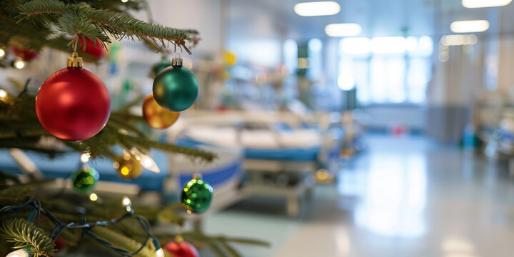 Colorful Christmas ornaments on a tree in a hospital ward. Holiday decorations in a medical setting, creating a festive atmosphere for patients and staff.