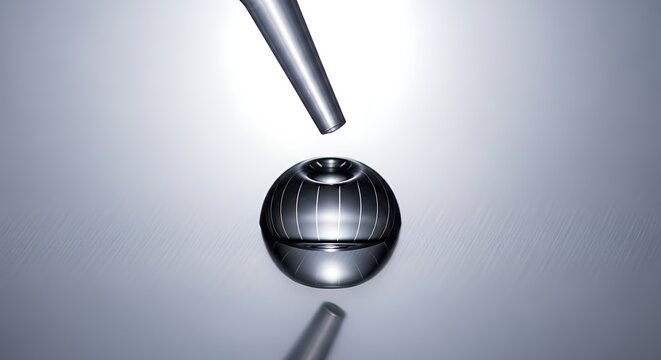 Metallic sphere with an opening and vertical lines, approached by a sleek tube, reflecting precision engineering, advanced technology, and futuristic scientific concepts
