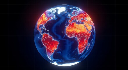 Global heatmap illustration of earth showing continents glowing red and orange, symbolizing rising temperatures, climate change, and environmental crisis with blue oceans worldwide.
