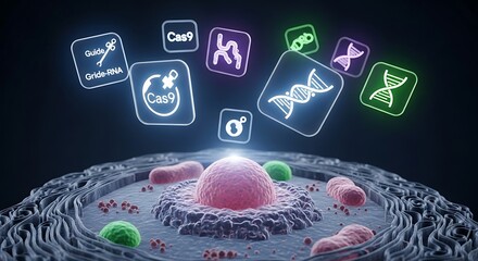 Crispr-cas9 gene editing technology illustrating molecular scissors, guide rna, and dna manipulation within a cellular structure, representing precision genetics.