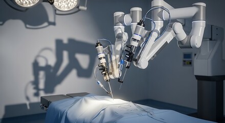 State-of-the-art robotic surgical system performing a precise operation on a patient in a modern operating room, showcasing advanced medical technology and innovation in medicine.