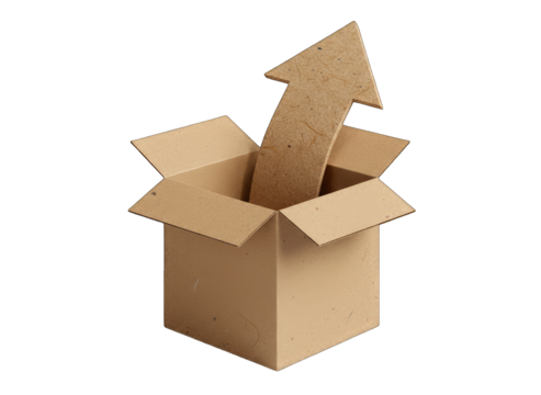 Brown Cardboard Box with Textured Upward Arrow Emerging from Inside Transparent Background