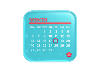 Aqua Glass Calendar Displaying Month with Highlighted Date 15 and Subtle Bubbles and Flower Icon in Top Left Corner