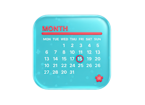 Aqua Glass Calendar Displaying Month with Highlighted Date 15 and Subtle Bubbles and Flower Icon in Top Left Corner