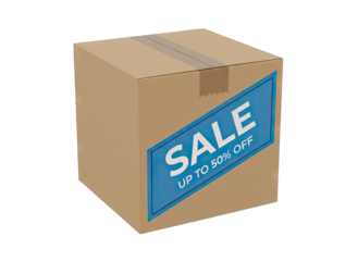 Cardboard Box With Blue Sale Sign Up To 50 Percent Off Message Isolated On Transparent Background