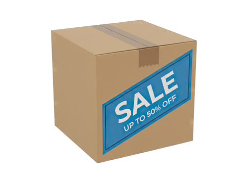 Cardboard Box With Blue Sale Sign Up To 50 Percent Off Message Isolated On Transparent Background