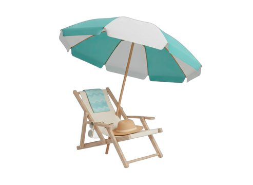 Beach Chair With Umbrella and Hat on Transparent Background Teal and White Summer Relaxation Scene