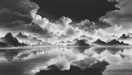 Ethereal cityscape reflection, misty sky, mountainous lands