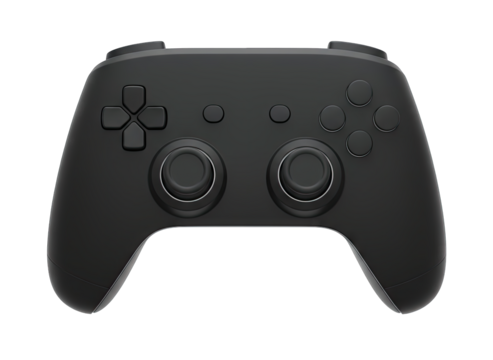 Black Gaming Controller With Thumbsticks and Buttons Isolated on Transparent Background for Digital Gaming and Entertainment