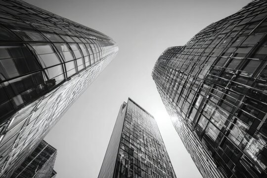 Towers reach, mirroring sky in black & white architecture