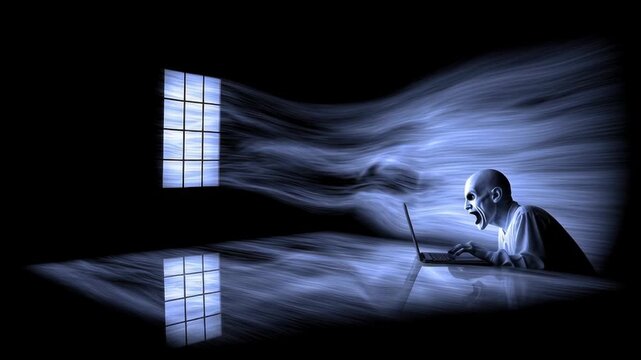 Sinister ghost typing on laptop in dark room with eerie light trails. Video.
