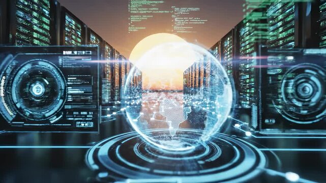 The server room features rows of tall servers with glowing data graphics, creating an advanced technology environment. A large holographic globe displays global connectivity, enhan - Powered by Adobe