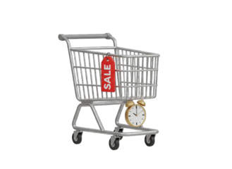 Chrome shopping cart with red sale tag and vintage alarm clock on transparent background retail concept