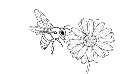Obraz premium Bee approaching a daisy flower illustration monochrome coloring book concept
