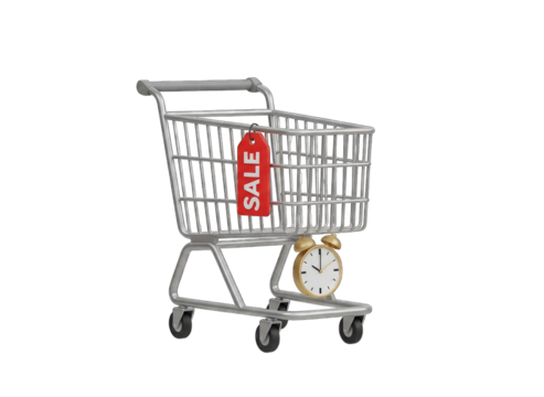 Chrome shopping cart with red sale tag and vintage alarm clock on transparent background retail concept