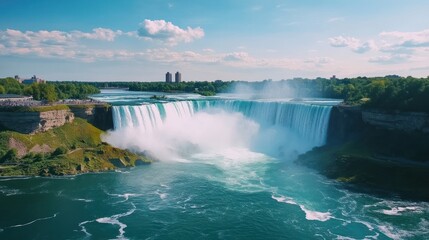 Majestic Niagara Falls with Lush Greenery and Blue Sky