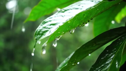 Closeup of vibrant green leaves glistening with fresh raindrops showcasing the beauty of nature after a refreshing shower with water droplets slowly dripping off the foliage in a serene natural setti. - Powered by Adobe