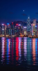 Obraz premium Urban City Skyline at Night with Neon Lights Reflecting on Water, Portrait Mobile Wallpaper