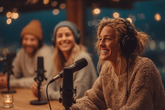 businesswomen recording interview in creative workspace. Generative AI