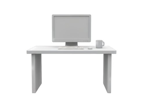 Clean White Modern Desk Setup With Computer Monitor Keyboard Mouse and Coffee Mug On Transparent Background Studio Shot