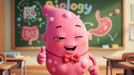 Animated biology lesson with human organ cartoon characters in classroom setting