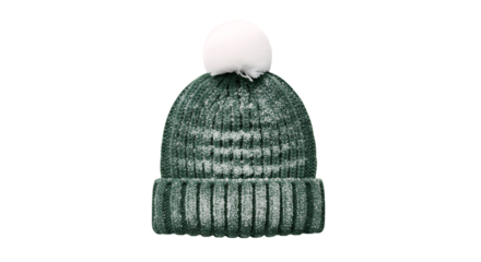 Cozy green knitted winter beanie with a fluffy white pompom. Warm and stylish headwear for cold weather,isolated on a clean transparent background