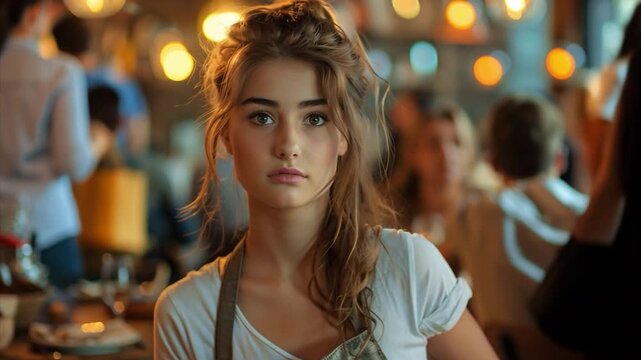 A young woman with a thoughtful expression stands in a bustling restaurant. She appears attentive amidst a crowd of diners enjoying their meals. The warm lighting enhances the vibrant atmosphere