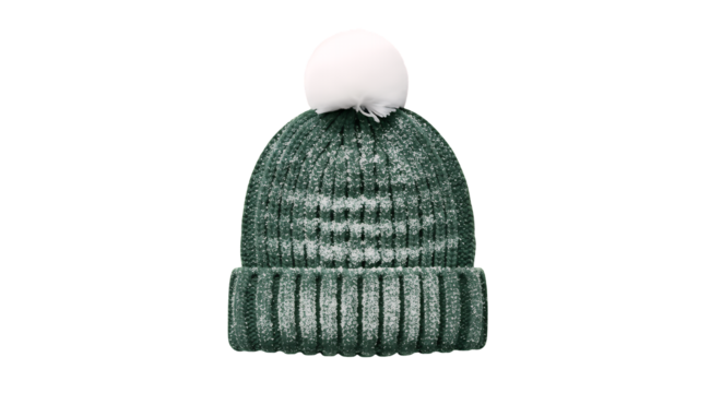Cozy green knitted winter beanie with a fluffy white pompom. Warm and stylish headwear for cold weather,isolated on a clean transparent background - Powered by Adobe