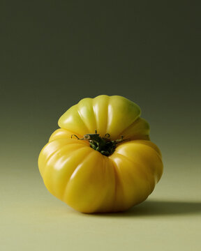 Yellow Heirloom Tomatoes Painterly Still Life on Green Seamless background. Film grain