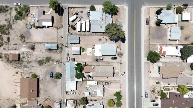 Aerial city top down in Sonoran desert historic route 66 Barstow California Southwest CA