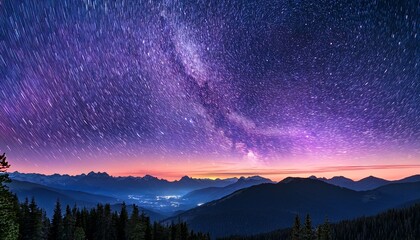 Purple Night Sky Stars Milky Way Galaxy Across Mountains Starr