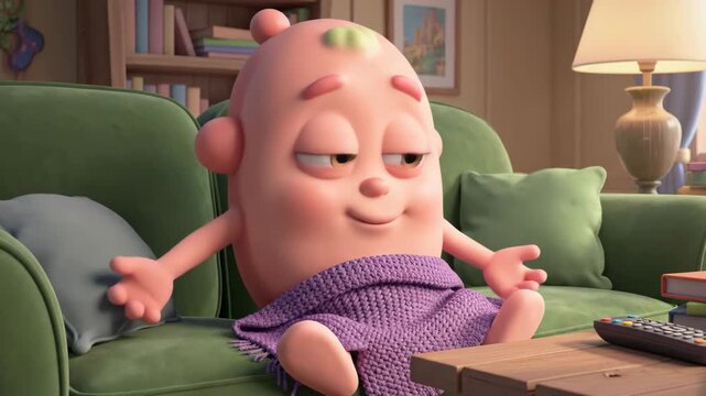 Animated creature resting comfortably on a couch indoors peaceful sleep