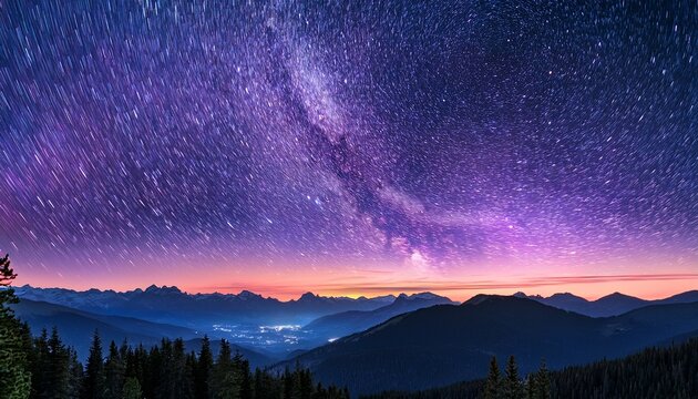Purple Night Sky Stars Milky Way Galaxy Across Mountains Starr