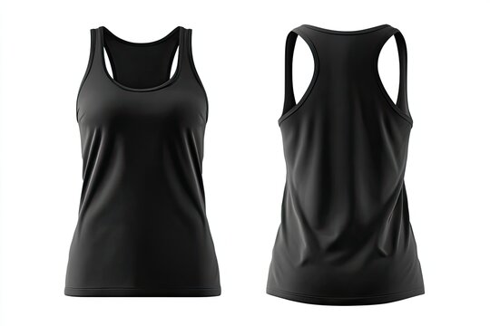 Black racerback tank top, front and back view on white