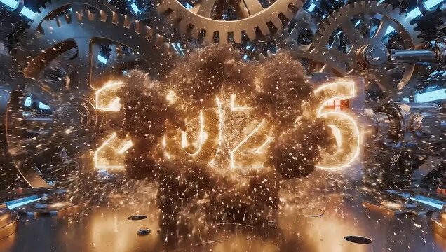 Time engine 2026, 3d mechanical gears countdown animation, glowing metal and golden energy explosion