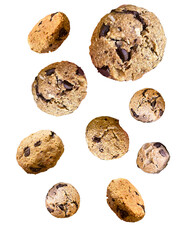 Vegan chocolate chip cookies floating on transparent background