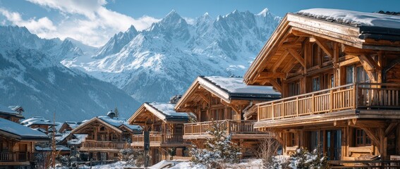 Luxury wooden houses stand proud in winter snow