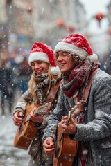 Obraz premium Couple of street performers in Santa hats strum guitars laughing amid heavy snowfall on city street with blurred lights. Joyful street serenade, snowy holiday caroling vibe.