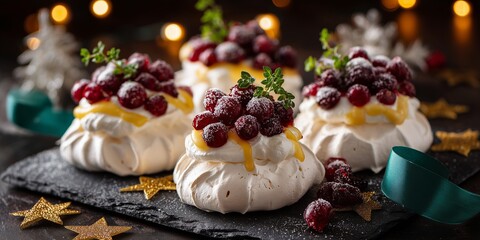 Mini pavlova desserts topped with whipped cream, cranberries and lemon curd. Festive and elegant Christmas treat.